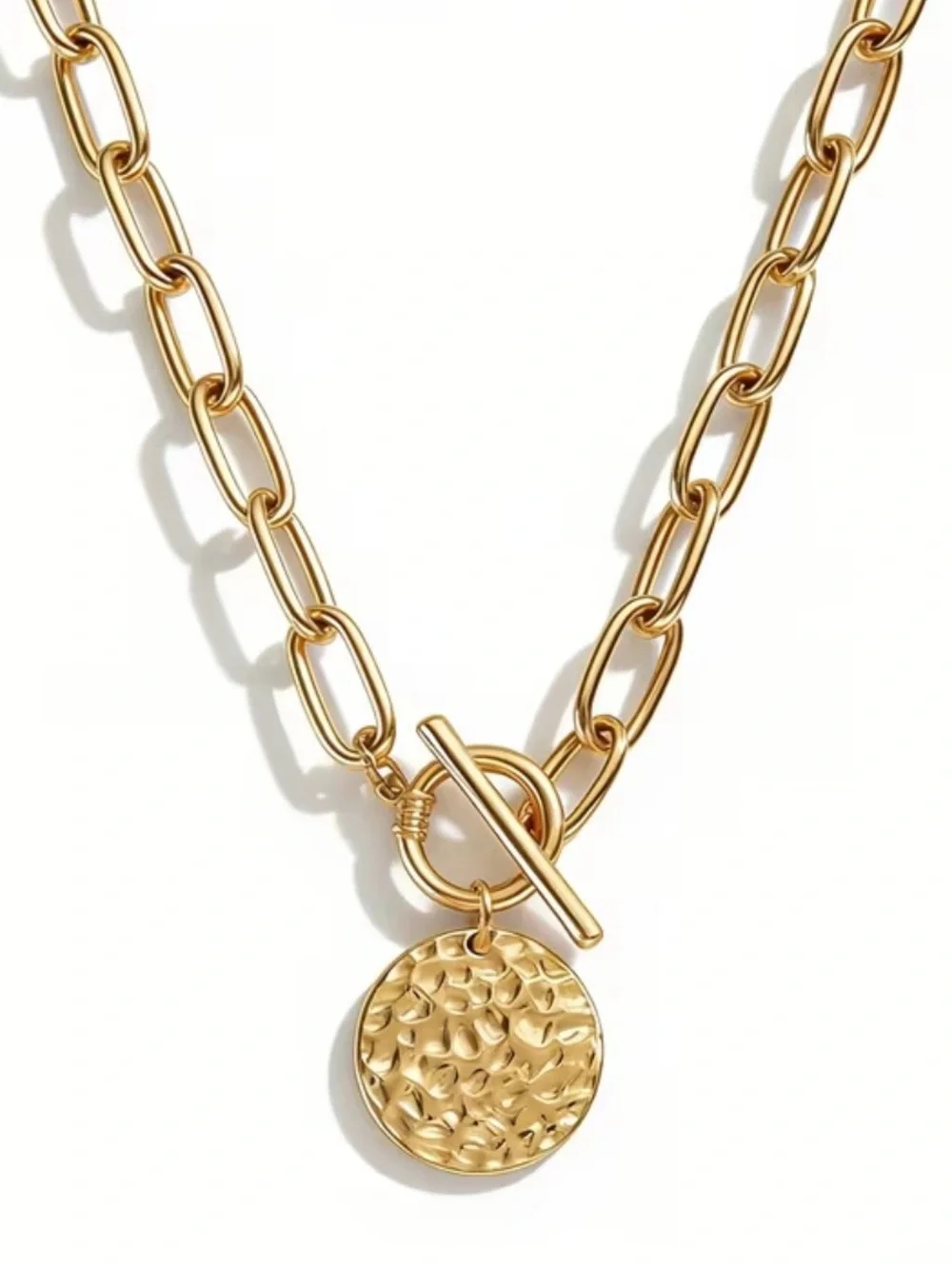 Source Unknown Gold Hammered Disc Toggle Link Necklace
